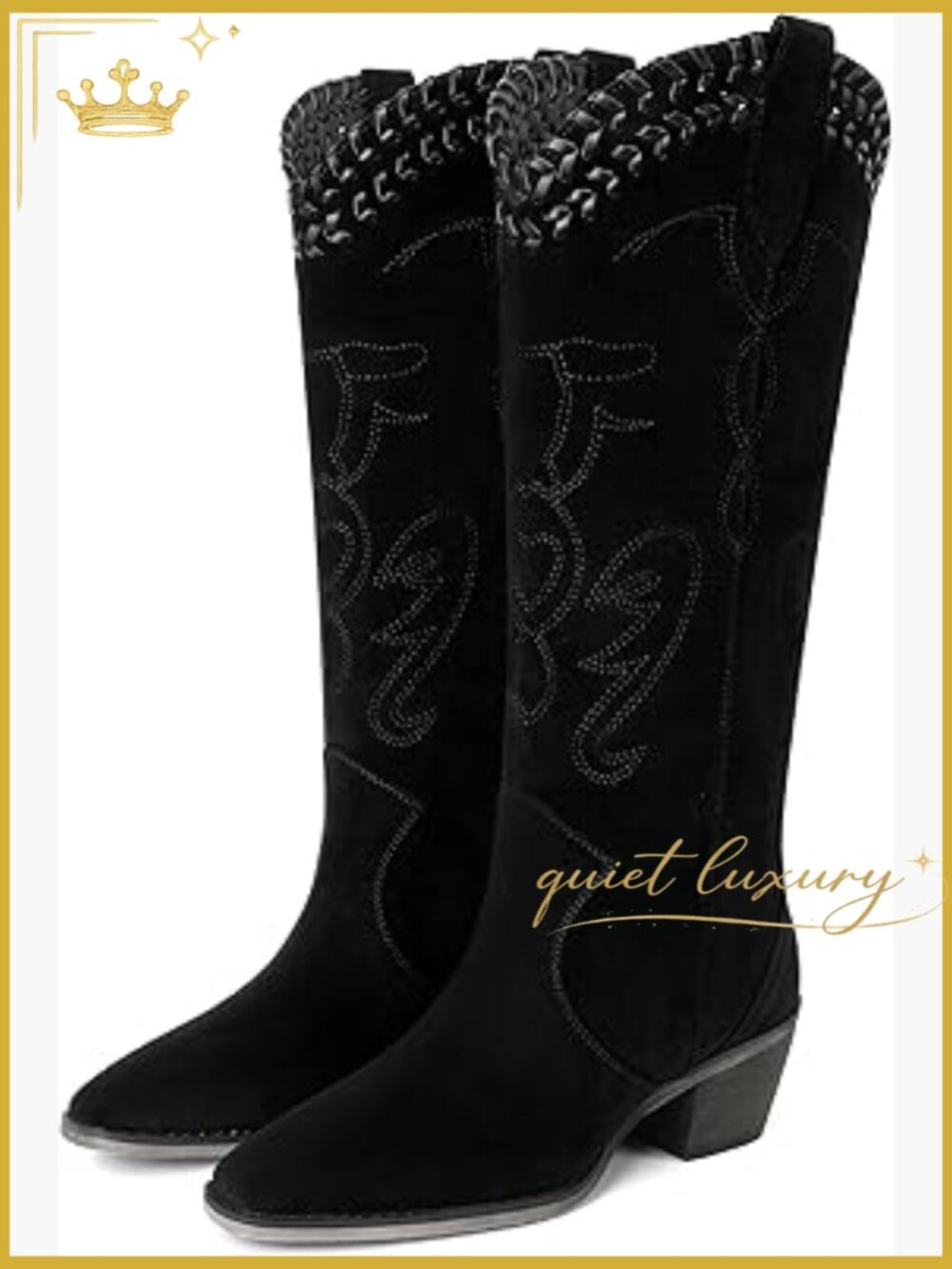 Embroidered Cowgirl Boots Square Toe Chunky Heel Pull On Knee High Western